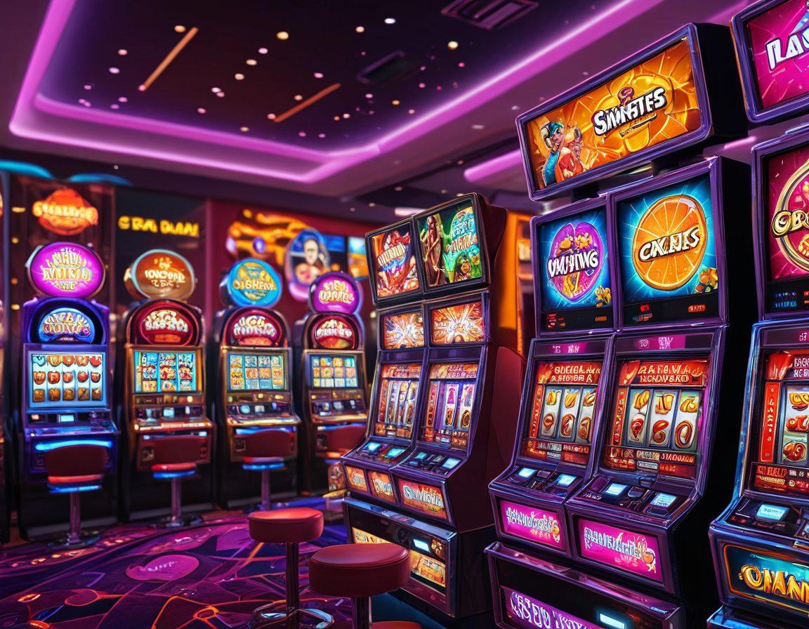 A vibrant online gaming scene featuring an array of colorful and luxurious premium slot machines, with animated reels showing various joyful themes like treasures, fruits, and festive characters. The setting is a sleek, modern virtual casino environment with dynamic lighting, inviting players to indulge in their leisure time. Include happy, diverse characters engaging with the games, exuding excitement and thrill. A digital interface displaying huge jackpots and rewards enhances the atmosphere. super-realistic. vibrant colors. cyberpunk.