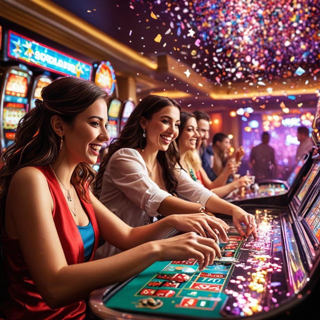 A lively casino scene featuring enthusiastic players engaged in slot tournaments, colorful slot machines glowing in the background, and people cheersing with drinks at a vibrant happy hour. Show diverse individuals enjoying the excitement, with confetti falling and lights twinkling like stars. The atmosphere should be energetic and immersive, reflecting the thrill of gaming and socializing. 3D. vibrant colors.